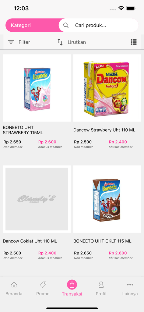 Clandys - Screenshot of the Clandys mobile app interface showing various milk brands and wholesale prices for members and non-members.