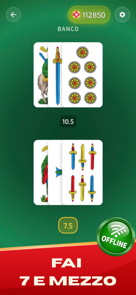 Sette e Mezzo: Carte Italiane - Gameplay of Sette e Mezzo showing traditional Italian cards on a green table with offline mode indicator