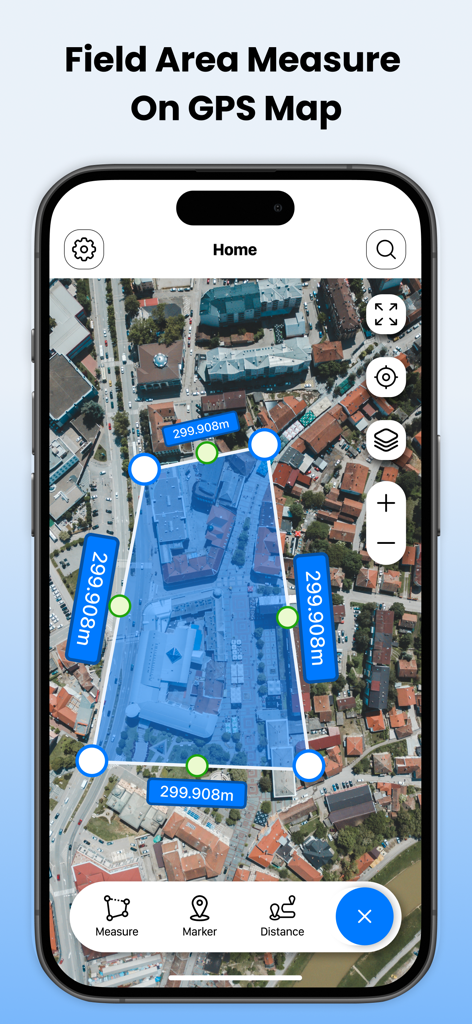 Field Area Measure on GPS Map app interface displaying a land area measurement polygon on a satellite map
