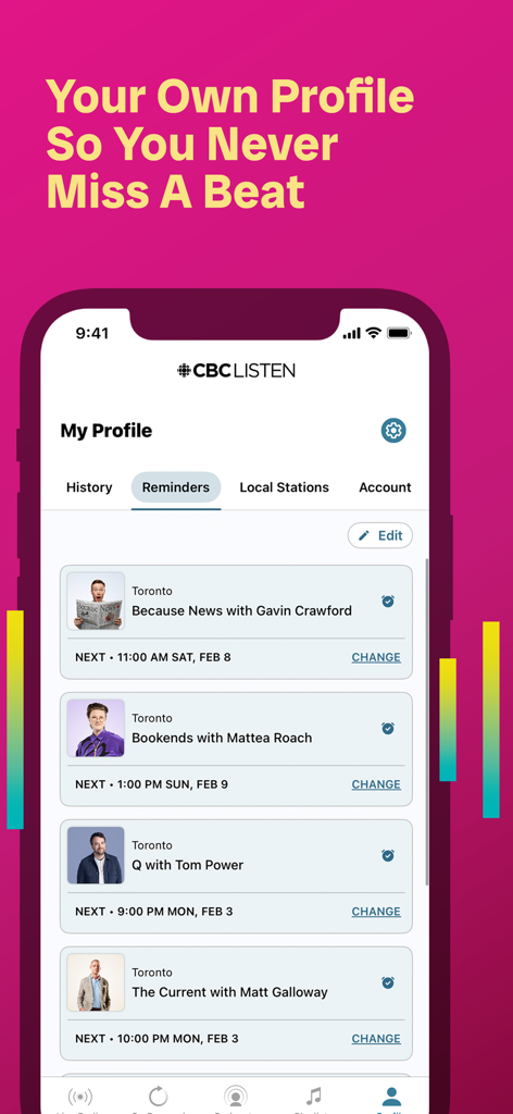 CBC Listen - CBC Listen app interface showing the My Profile section with a list of scheduled show reminders