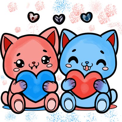 cute cartoon cats hosting hearts, they are nibbling on them