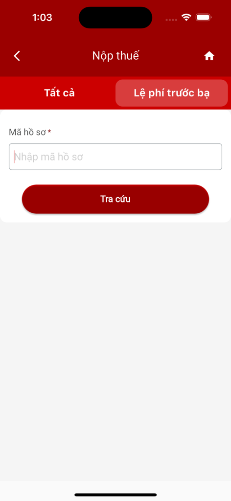 응용 프로그램 코드로 세금 납부를 검색하는 eTax Mobile 앱 화면