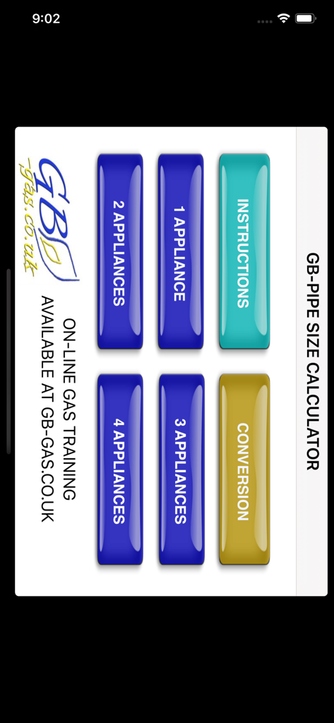 GB Gas Pipe Sizing Calculator - Main menu of the GB Gas Pipe Sizing Calculator app showing appliance selection options