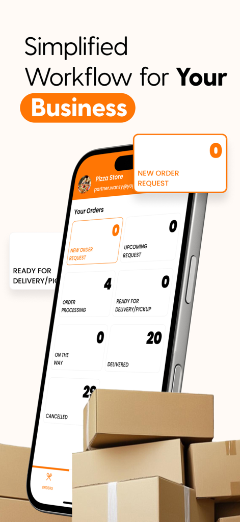 Wanzy Partner - Wanzy Partner app dashboard showing restaurant order management and delivery status on an iPhone