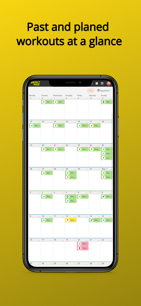 PerfectPace - A mobile app interface displaying a comprehensive monthly training calendar for triathlon workouts.