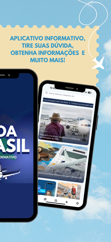 Programa Voa Brasil - Screenshots of the Voa Brasil app showing the home screen and a news feed with travel information.