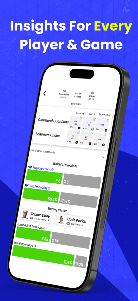 WalterPicks – AI Insights - WalterPicks app interface showing AI sports projections and betting lines for a baseball game