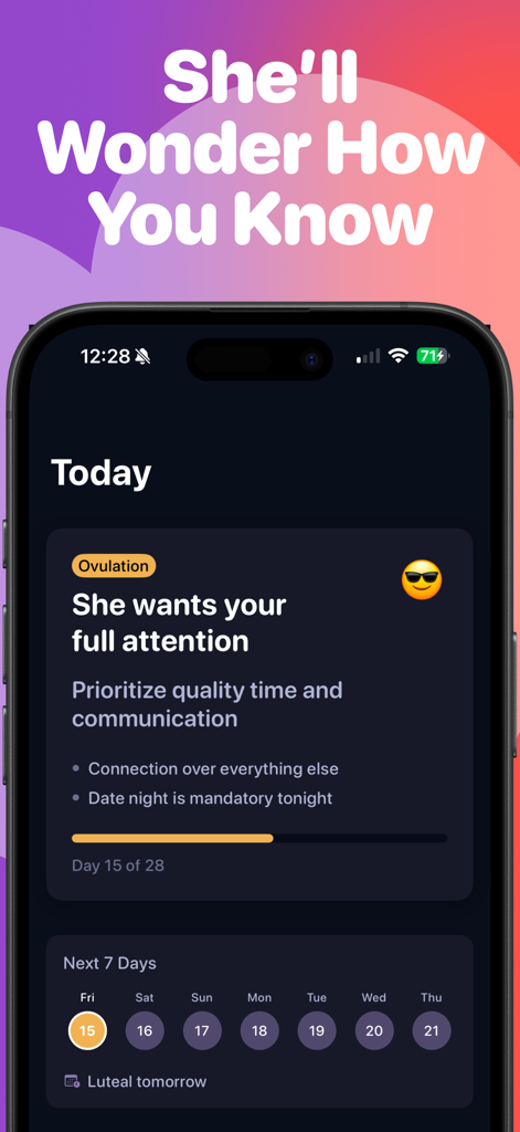 Yuni: AI Partner Cycle Guide - Yuni app dashboard displaying partner support advice for the ovulation phase