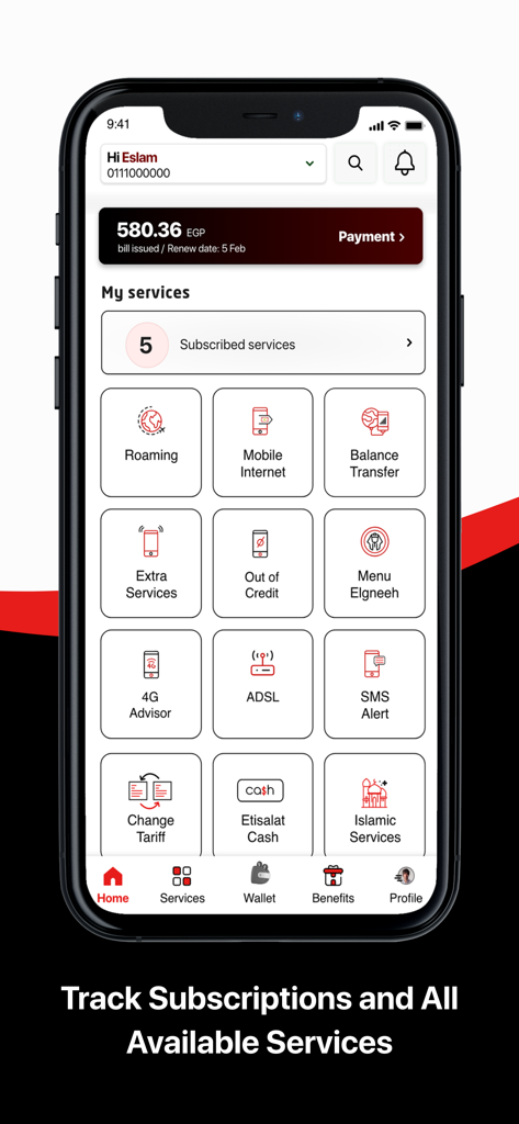 Interface do aplicativo My e and EG mostrando o saldo da conta e vários ícones de serviços móveis