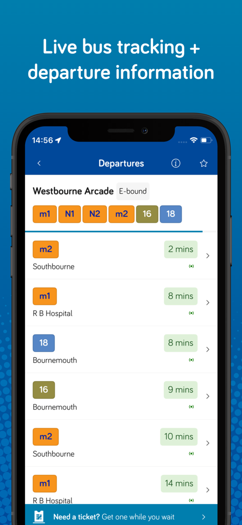 More buses - Screenshot of the More buses app showing live departure times for Westbourne Arcade
