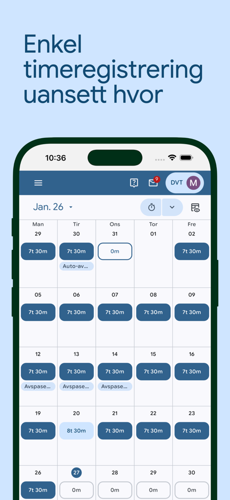Visma Tid Go - A monthly calendar view in the Visma Tid Go app showing daily logged work hours