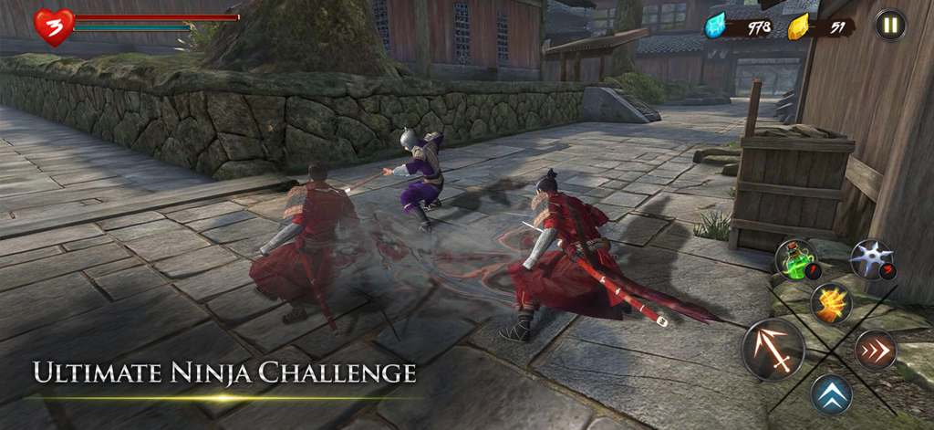 3D sword combat gameplay in Takashi Ninja Samurai Game featuring the Ultimate Ninja Challenge