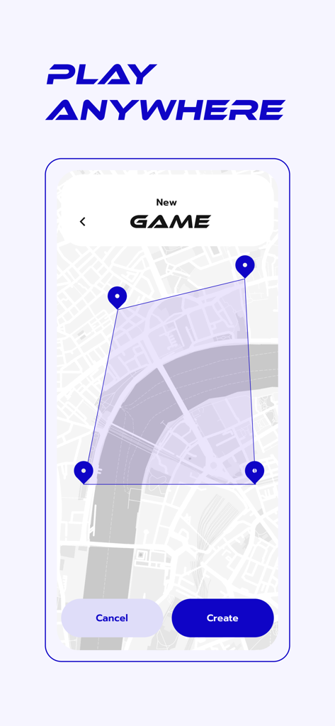 City Chase Game - Interfaz de la aplicación City Chase Game para seleccionar un área de juego personalizada en un mapa