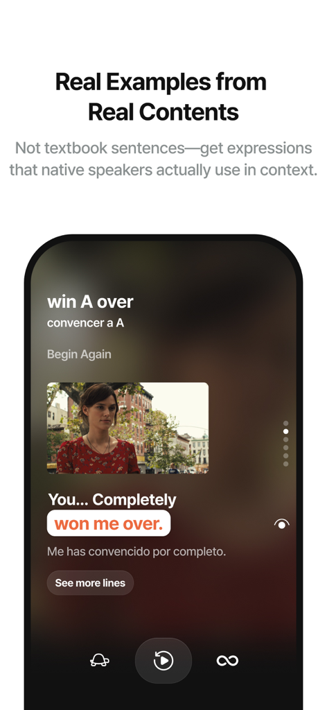 Langflixアプリで映画のシーンを使って英語のイディオム「win someone over」を学ぶ。