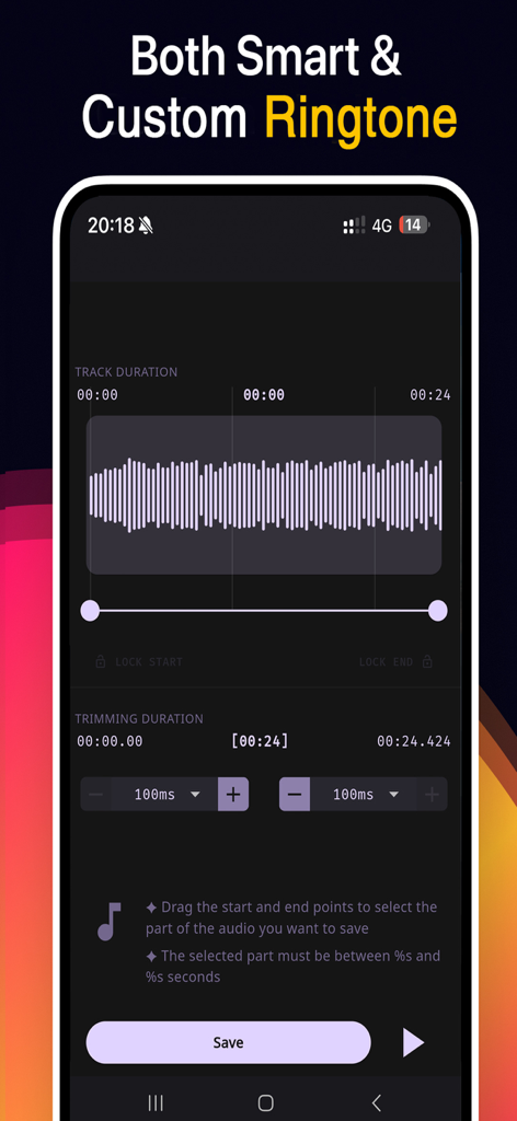 오디오 파형과 사용자 정의 벨소리를 만들기 위한 트리밍 도구가 표시된 아이폰 벨소리 앱 인터페이스