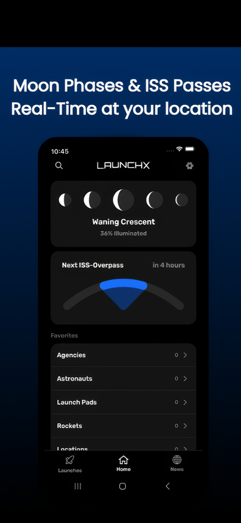 LaunchX: Rocket Launch Tracker - LaunchX app interface showing real-time moon phases and upcoming ISS overpass tracking.