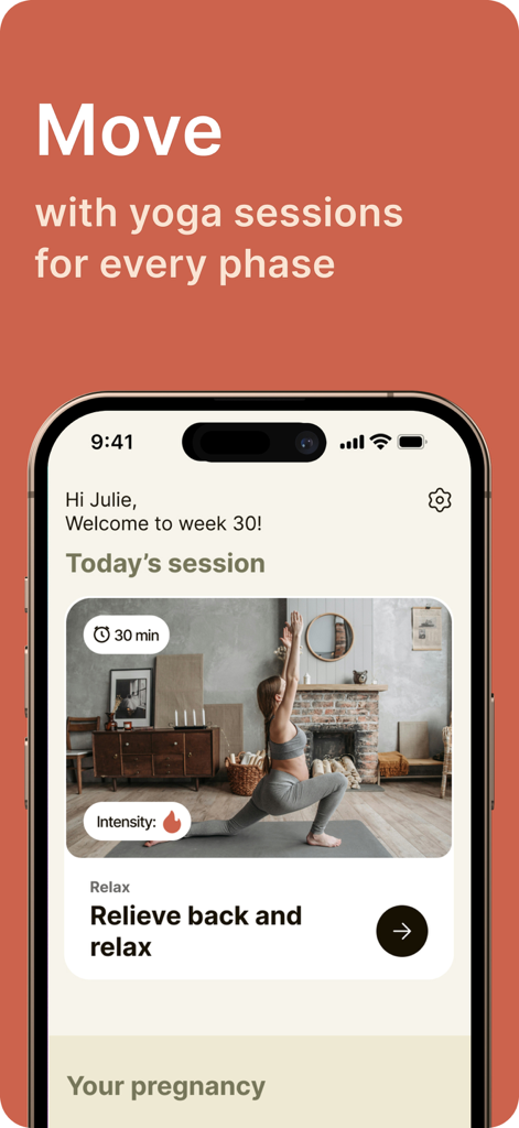 Schermata di un telefono cellulare che mostra una routine di yoga prenatale per la trentesima settimana nell'app Eve