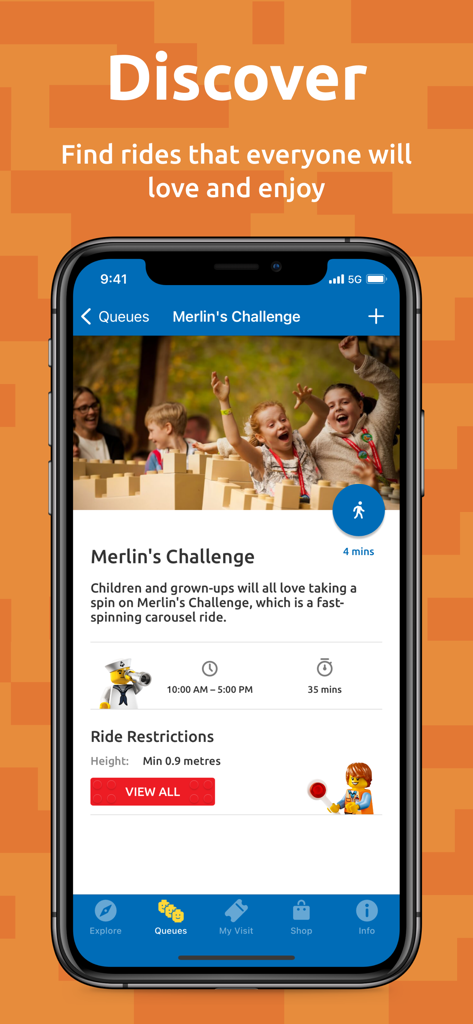 Legoland Windsor Resort app showing ride info and wait times for Merlins Challenge
