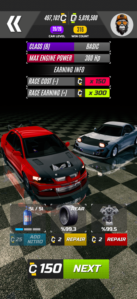 Menu da garagem do Project DRAG Online mostrando estatísticas do carro e opções de reparo mecânico