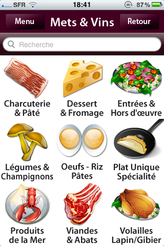 Mets - Vins - Mets - Vins app menu showing a grid of food categories including meat, cheese, and seafood for wine pairing selection.