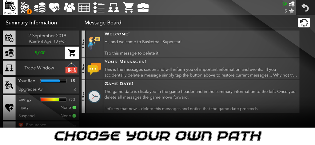 Career summary and message board interface in the Basketball Superstar mobile game