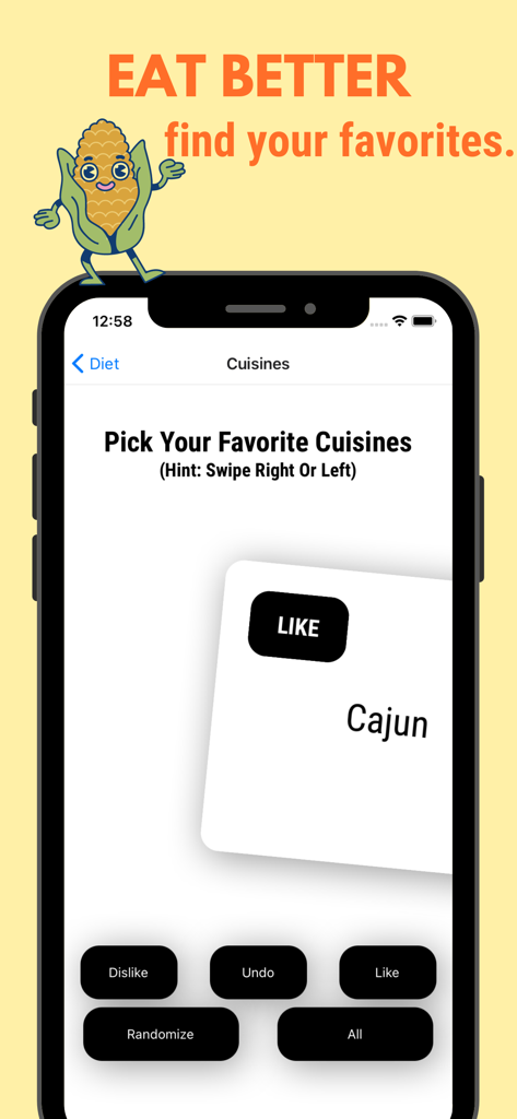 Smartphone screen showing the Famysh app interface where users swipe to select favorite food cuisines