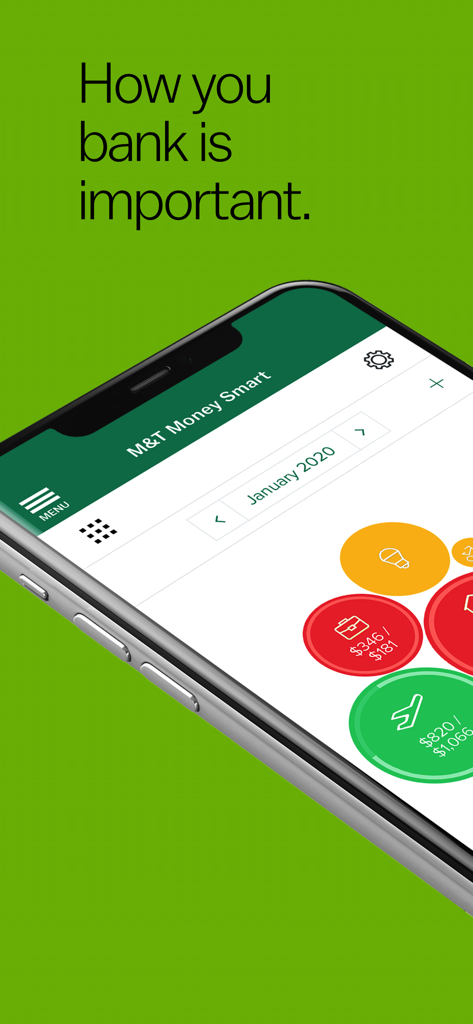 M&T Mobile Banking - Screenshot der M&T Mobile Banking App, die die Money Smart-Oberfläche zur Budgetierung und Ausgabenverfolgung mit Ausgabenkategorien zeigt.