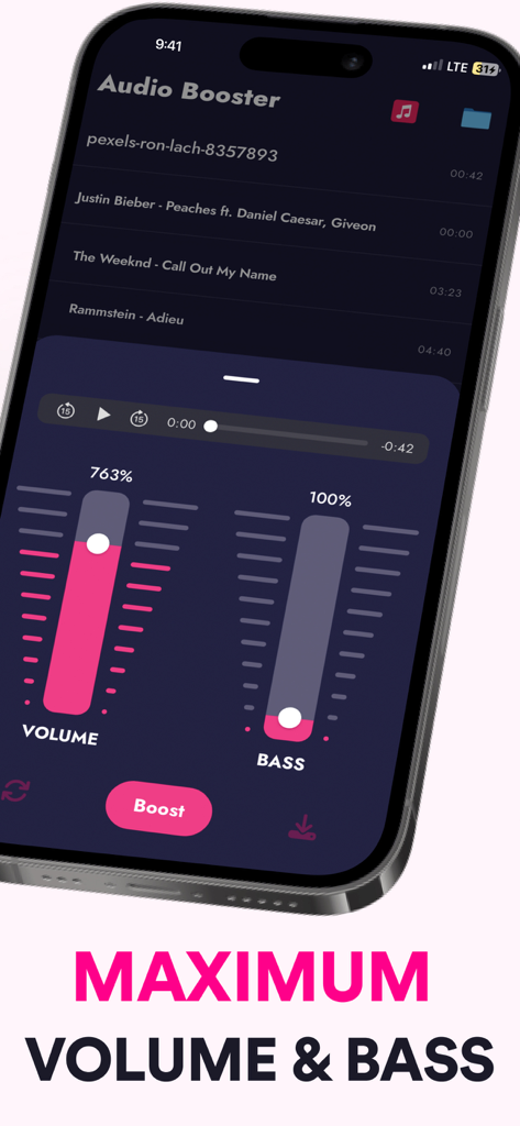 Volume Booster: Sound Louder - Volume Booster app showing maximum volume and bass controls on iPhone