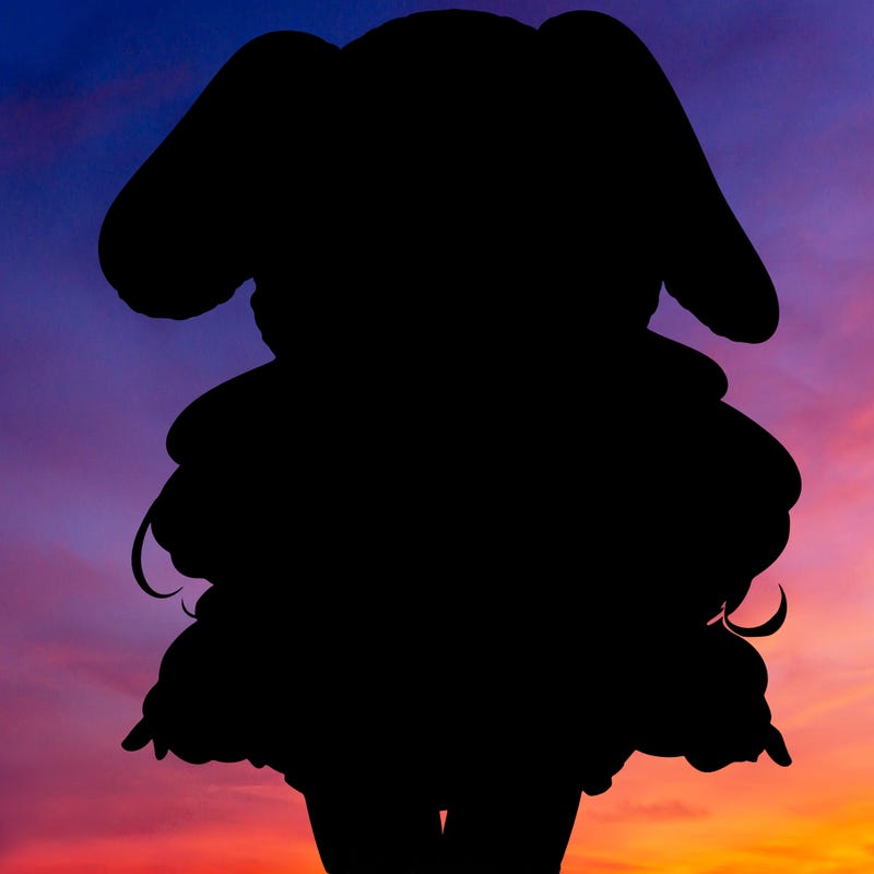 pretty anime girl wearing a fluffy hoodie with bunny ears on the hood and a skirt