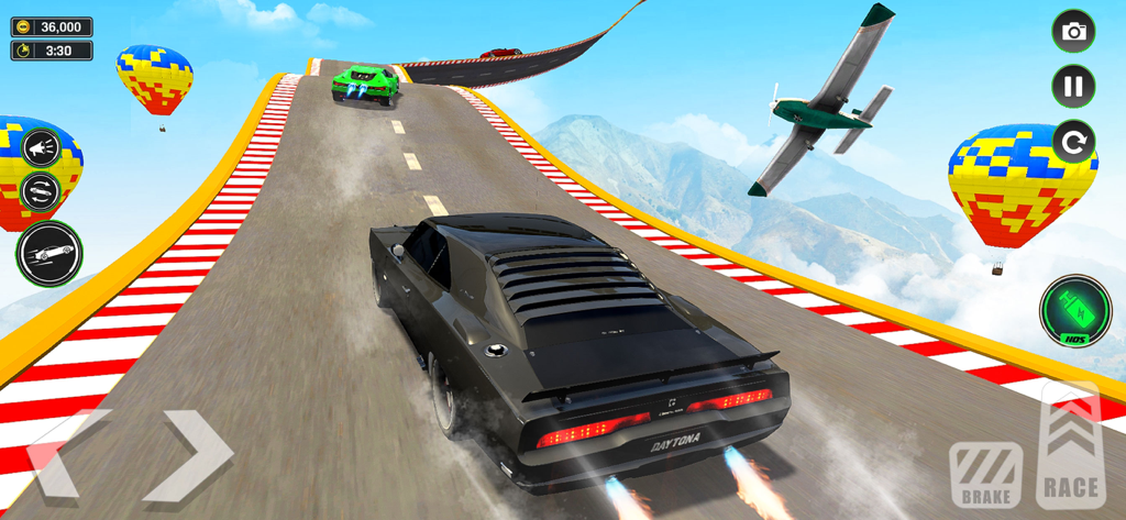StormRide: Car Stunt Race Game - A black muscle car racing on a high altitude stunt ramp with airplanes and hot air balloons in the sky