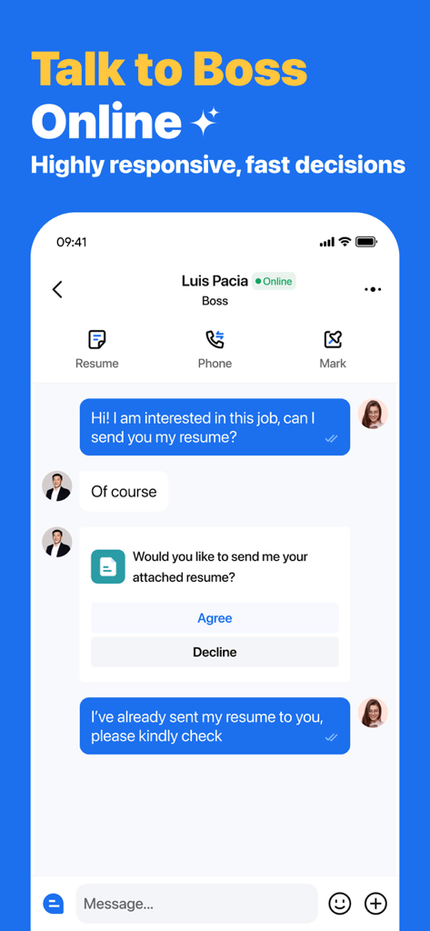 Bossjob app interface showing a direct chat between a job seeker and a hiring manager for fast job decisions.