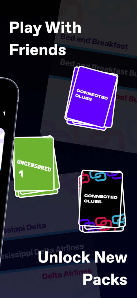 Connected Clues - Connected Clues app screen showing various card decks to unlock for social party games