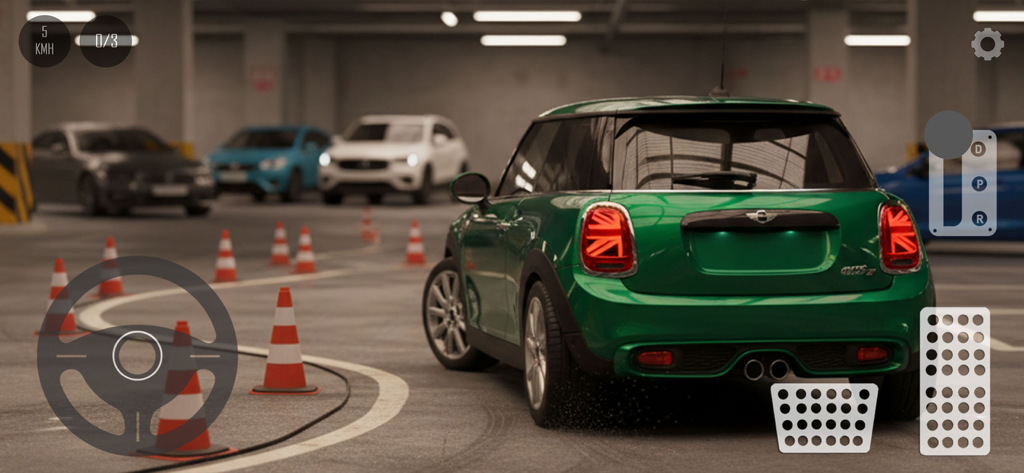 A green car navigating through orange traffic cones in an indoor parking garage simulator.