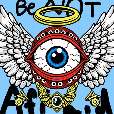 giant eye with rings of eyes around it and angel wings