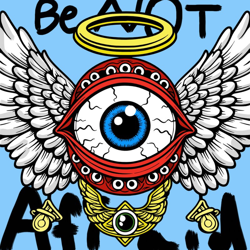 giant eye with rings of eyes around it and angel wings