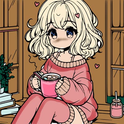 cute anime girl reading book and drinking hot chocolate from mug with loose wavy hair wearing a baggy sweatshirt and shorts sitting by windowsill looking out