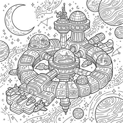 Explore the wonders of interstellar travel with our detailed Tourist Space Resort coloring page. This intricate design invites you to bring a futuristic space station, complete with leisure facilities and celestial backdrops, to vibrant life.