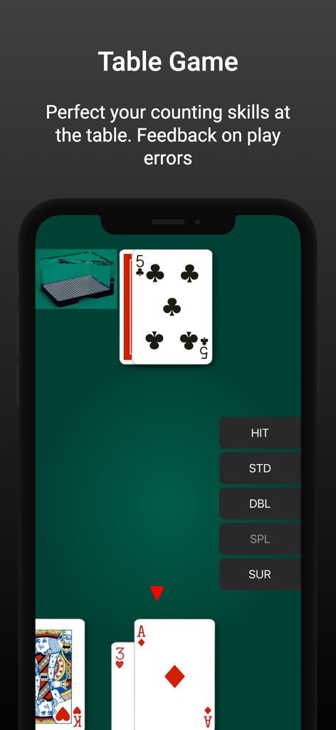Blackjack Hi-Lo Card Counting - Mobile screenshot of a blackjack table game interface for card counting practice with dealer and player cards and action buttons