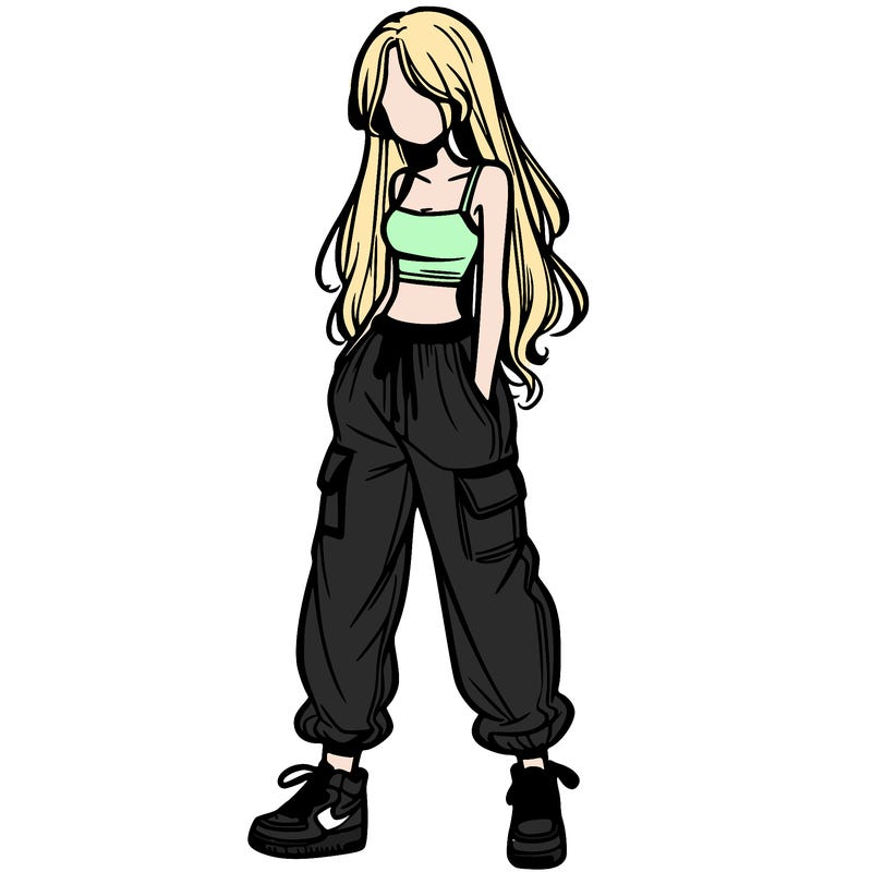 girl in baggy pants crop top and long hair