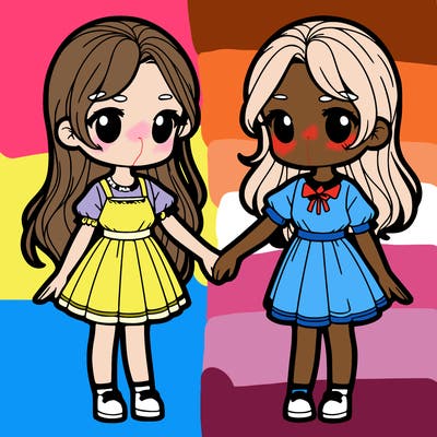 2 girls who are holding hands realistic