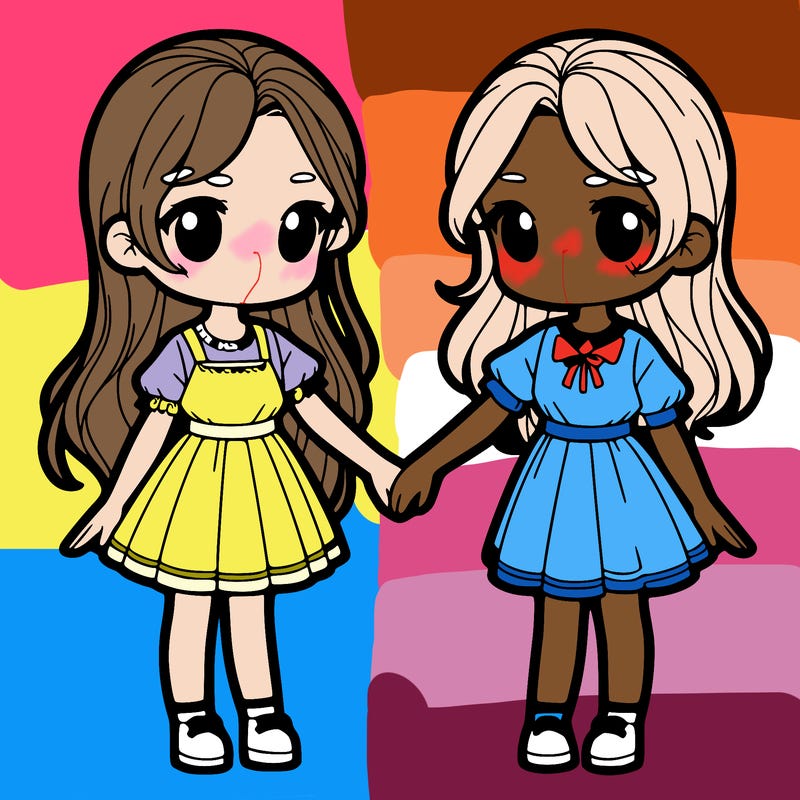 2 girls who are holding hands realistic