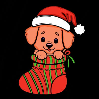 cute puppy wearing santa hat in socking