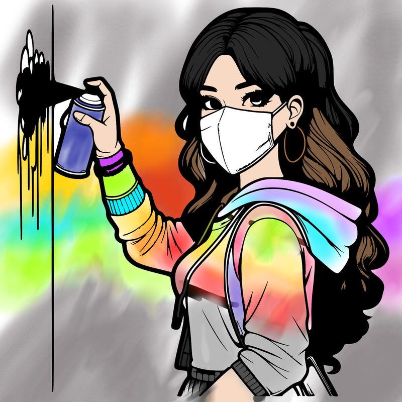 realistic girl with mask spray painting a wall