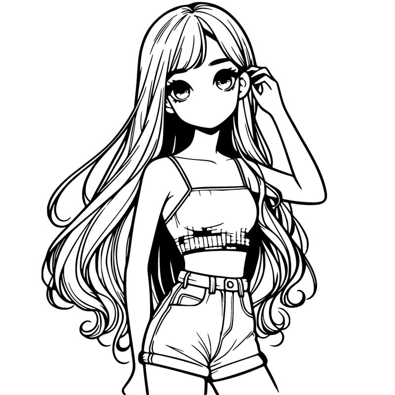 a girl with a crop top short shorts and long hair realistic