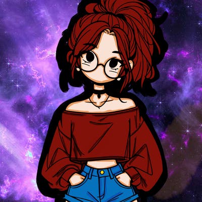 girl with a messy ponytail glasses a baggy crop top and jean shorts