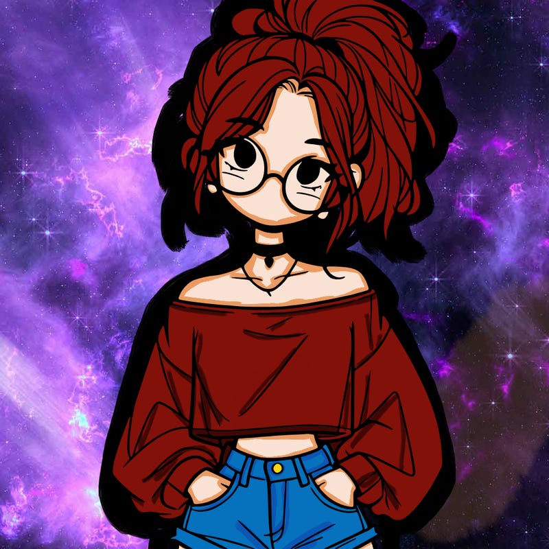 girl with a messy ponytail glasses a baggy crop top and jean shorts