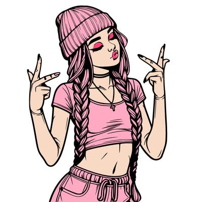 realistic teenage girl with braids and a beanie and crop top doing 🫶🏼