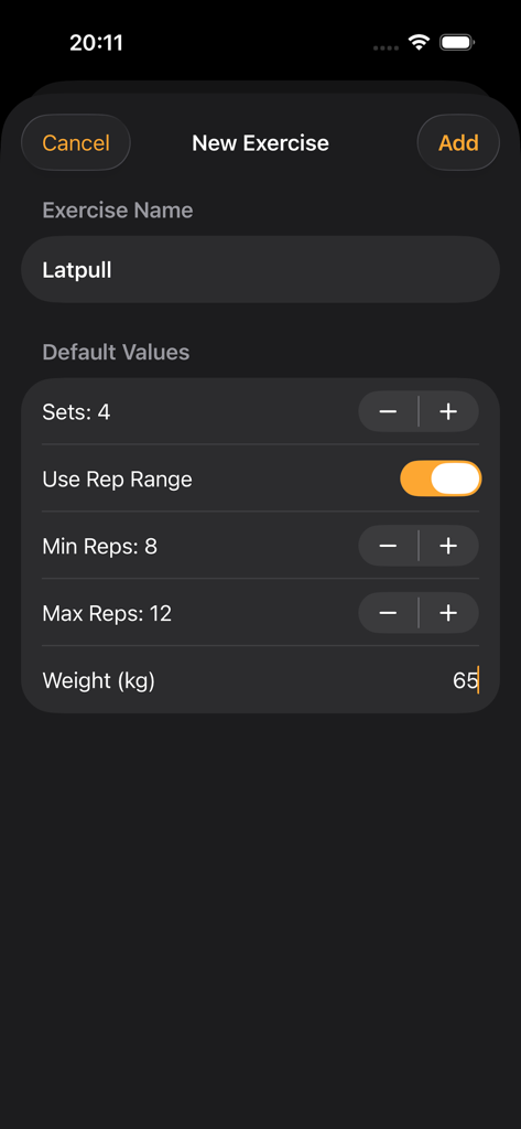 SetTrack - Workout Tracker - Interface for adding a new exercise with custom sets and rep ranges in the SetTrack app