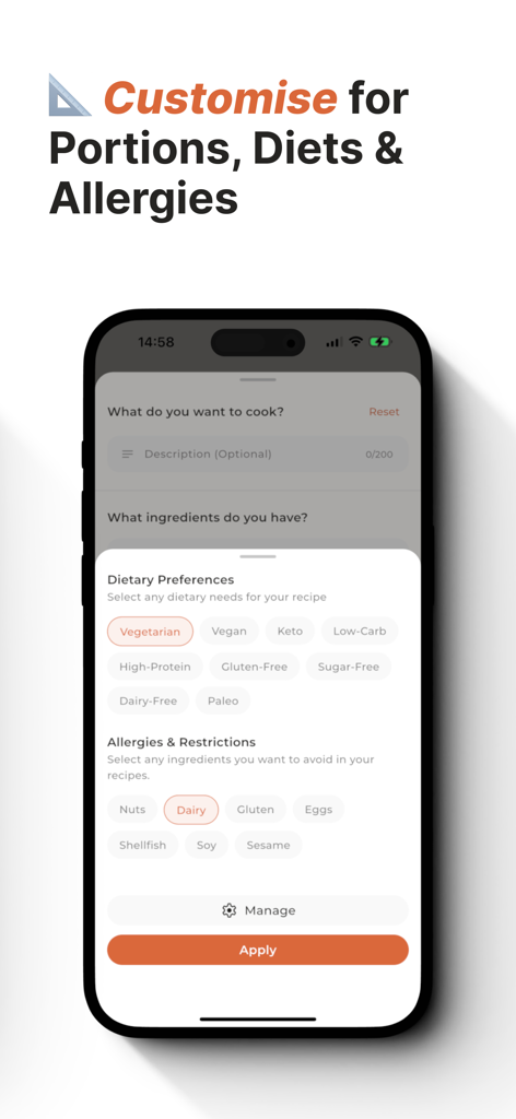Chef Engine 앱 인터페이스, 식이 요법 선호도 및 음식 알레르기 선택