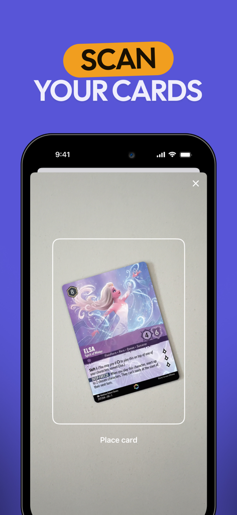 TCG Card Scanner for Lorcana - Mobile app interface scanning a Disney Lorcana trading card